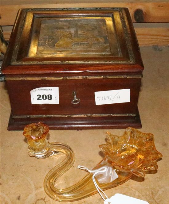 French silver? mounted box containing a glass candle holder(-)